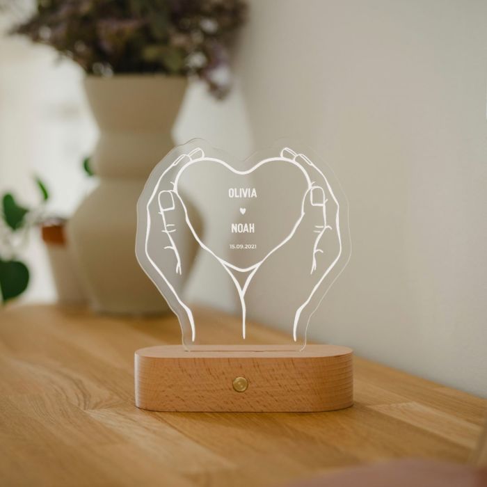 Gepersonaliseerde LED lamp hartje met handen en namen