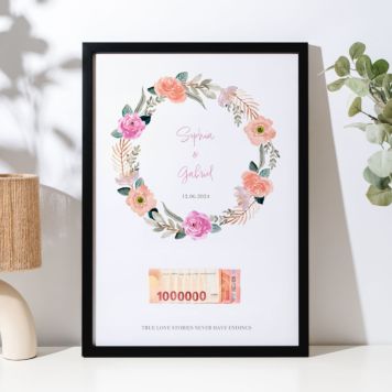 Gepersonaliseerde poster geld cadeau met bloemenkrans